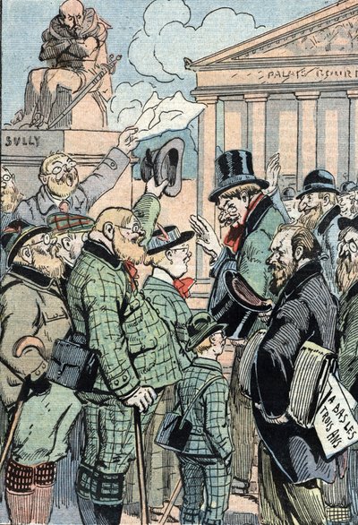 Jean Jaures Unified Socialists Opposes the Three Years Law (Military Service) representerad av tyskar, juni 1914 (Tyska stödjande unifierade socialister ledda av Jean Jaures motsätter sig lagen om de tre åren, juni 1914) Teckning från "Le pelerin" 19/07/19 av Unknown Artist