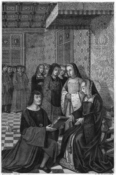 Jean Marot, poet (1463-1526), erbjuder en diktvolym till drottning Anne av Frankrike. Gravyr av 1800-talet. av Unknown artist