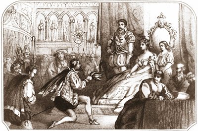 Jean Nicot presenterar tobaksplantan för Catherine de Medicis (Caterina de Medici) och Grand Prior i House of Lorraine. Litografi från 1500-talet omkring 1868. av Unknown artist