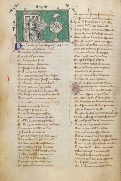 Jean de Meun skriver inledningsorden till sin dikt (som börjar på f. 28), i Roman de la Rose av Unknown artist