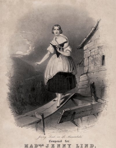 Jenny Lind, svensk sopran, i sömngångsscenen i Bellinis La sonnambula av Unknown
