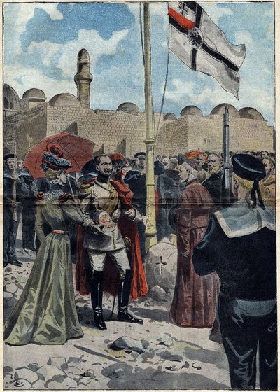 Jerusalem - Alla helgon 1898: Vilhelm II (1859-1941), kejsare av Tyskland och kung av Preussen, tar "dormitionens land" i besittning, nära Cenacle, för sina katolska undersåtar, före Monsignor Luigi Piavi, patriark av Jerusalem . Illustration i av Unknown artist