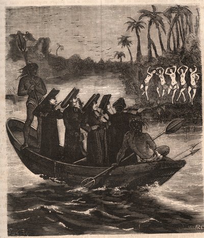 Jesuitmissionärer anländer med båt bland Guarani-indianerna i Paraguay 1553 - Gravyr från 1879 i "History of Secrete, Political and Religious Societes" av Pierre Zaccone (1817-1895) av Unknown artist