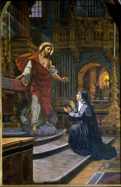 Jesus visar sig för Saint Margaret Mary (Margaret Mary) Alacoque (1647-1690) mystiker av Order of Mosaic Visitation. Peterskyrkan i Rom (Vaticano, San Pietro) av Unknown artist