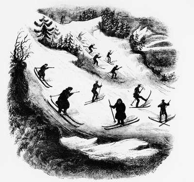 Jeux du Nord: skidåkare nerför ett spår - gravyr, sent 1800-tal. av Unknown artist