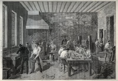 Smycken: smyckesfabrik i stål. Gravyr från 1885 i "" Les arts et metiers illustres"" av Adolphe BITARD. av Unknown artist