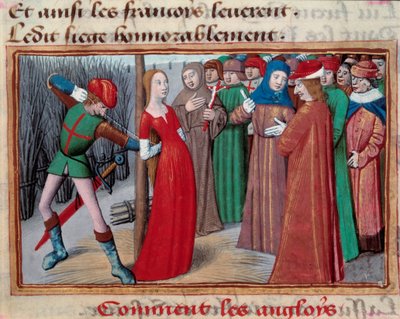 Joan of bow (1412 -1431), installerad på slaktaren. Miniatyr från manuskriptet av "" Vigilles du roi Charles VII"" av Martial d