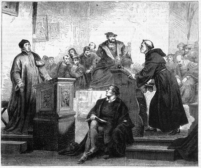 Johann Maier känd som Johann Eck (1486-1543), tysk katolsk teolog och Martin Luther (1483-1546), tysk protestantisk teolog och reformator i Pleissenburg 1519. av Unknown artist