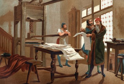 Johannes Gutenberg (1400-1468), tysk boktryckare, trycker det första arket i Bibeln. efter kända män och kvinnor. Barcelona 1877. av Unknown artist