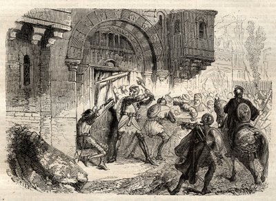 Johannes II Comnenus, bysantinsk kejsare - Kejsaren Johannes II Comnene (1087-1143) i spetsen för grekerna som körde dörren till sitt palats i Konstantinopel - gravyr i "" Illustrous Popular Dictionary"" - 1864 - av Joseph Decembre och Edmond Allonier - av Unknown artist