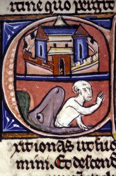 Jona, efter tre dagar och tre nätter tillbringat i magen på en enorm fisk, kräks av djuret. 1300-talsmanuskript. Biblioteca nazionale braidense, Milano. av Unknown artist