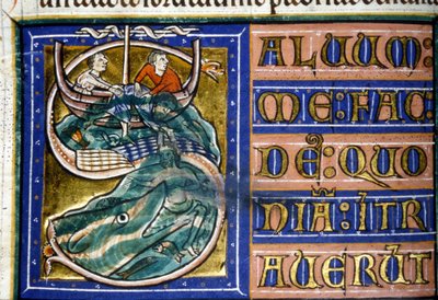 Jona kastas i havet och slukas av en enorm fisk. 1300-talsmanuskript. Kommunal Bibl. av Vercelli. av Unknown artist
