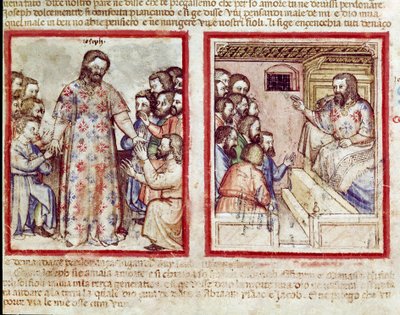 Joseph allvarligt sjuk vid en ålder av 110 förlåter sina bröder som prostrerar för honom Miniatyr från codex 212 (eller padovano codice eller Bible of Padua) 1390-1400 Rovigo, Accademia dei Concordi av Unknown artist