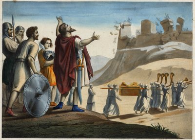 Josua före staden Jeriko (den första staden som Josua och judarna tog under erövringen av det utlovade landet). Väggarna faller sönder till ljudet av trumpeterna. Anonym gravyr från 1800-talet. av Unknown artist