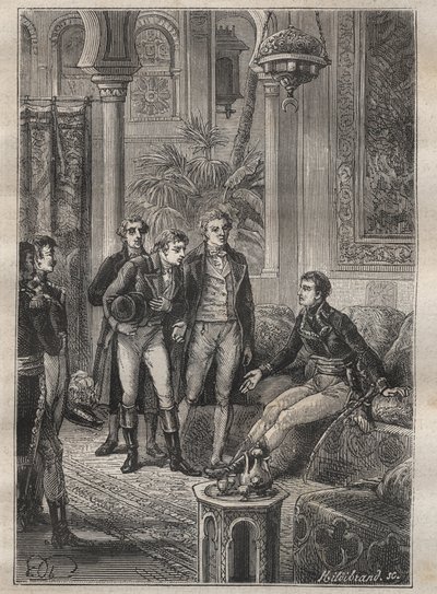 Resa (1798) av Frederic Conrad (Konrad) Hornemann (1772-1801) till Fezzan (Libyen): Hornemann välkomnas av Bonaparte i Kairo (Egypten) - illustration från "The Great Mariners of the 18th century"" av Unknown artist
