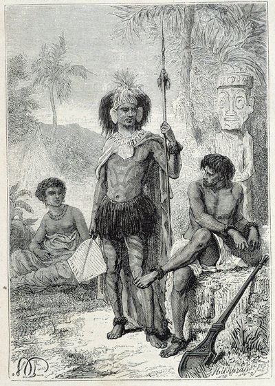 Journey of Captain James Cook (1728-1779): infödingarna på Marquesasöarna - illustration hämtad från "The Great Mariners of the 18th century"" av Unknown artist