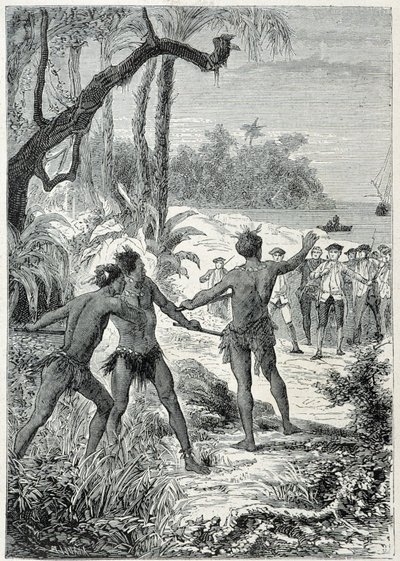 Kapten James Cooks (1728-1779) resa till Nya Guinee: det första mötet med de infödda, illustration hämtad från "The Great Mariners of the 18th century"" av Unknown artist