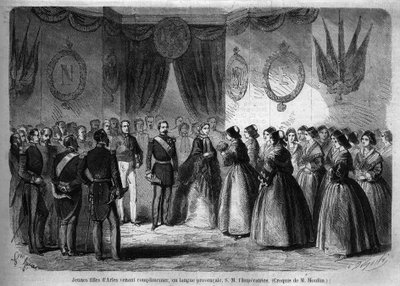 Kejsar Napoleon III:s (1808-1873) och hans hustru Eugenie de Montijos (1826-1920) resa till hertigen av Savoyen efter annekteringen av greven av Savoyen (Turinfördraget i mars): här träffar det kejserliga paret som besöker Arles unga flickor från regionen. av Unknown artist