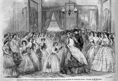 Kejsar Napoleon III (1808-1873) och hans hustru Eugenie de Montijos (1826-1920) resa till hertigen av Savoyen efter annekteringen av greven av Savojen (Turinfördraget i mars): här möter det kejserliga paret som besöker Grenoble unga flickor som kom att pre av Unknown artist