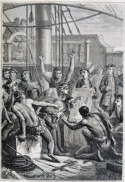 Samuel Wallis (1728-1795) resa till Polynesien: inhemska etonnes vid en spegel - illustration hämtad från "The Great Mariners of the 18th century" av Unknown artist