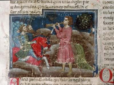 Jules Cesar (101-44 f.Kr.) tilltalar sina krigare Detalj av en manuskriptsida "" The Facts of the Romans"" (Ms 1538, fol 15r) runt 1340 Florens, Biblioteca Riccardiana av Unknown artist