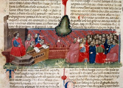Jules Cesar (101-44 f.Kr.) på tronen Detalj av en manuskriptsida "" Facts of the Romans"" (Ms 1538) ca 1340 Florens, Biblioteca Riccardiana av Unknown artist