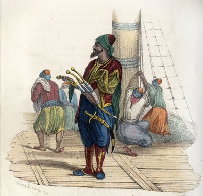Khayr al-Din (d. 1476-1546), även känd som Barberossa II, var en turkisk kapare. Grundare av delstaten Alger på 1500-talet. i ”Ancient and Modern Algeria””” av Léon Galibert. Italiensk upplaga i 1846 färg. av Unknown artist