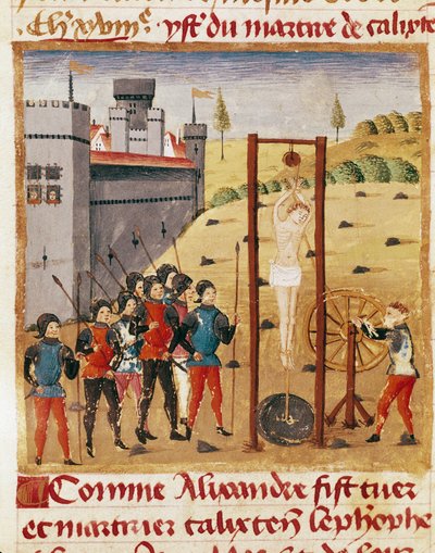 Kung Alexander den Store (356-323 f.Kr.) närvarar vid avrättningen av den ädla Calixten Cephobe genom att hänga""" Miniatyr hämtad från "" Book of Facts of Alexander the Great""" av Quintus Curtius Rufus (1:a århundradet) (ms 1335, fol. 167 v av Unknown artist