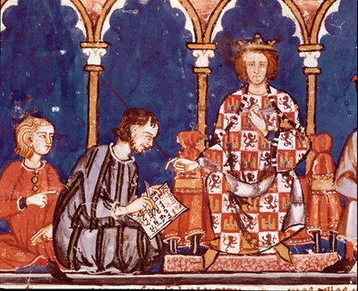Kung Alfonso X den vise mannen hjälper till med att skriva. Detalj av en miniatyr från Spelens bok av Alfonso X den vise (1221-1284) 1282. St. Lawrence av The Scorial. Kungliga biblioteket i av Unknown artist