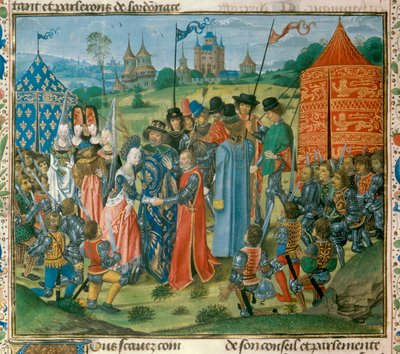 Kung Karl VI (1368-1422) överlämnade sin dotter Isabella av Frankrike (1389-1409) till Richard II (1367-1400) kung av England inför församlingen av franska och engelska Lords Miniature från "Chronicles" av Jean Froissart (1337- 1400) 1400-talets Paris. B.N av Unknown artist