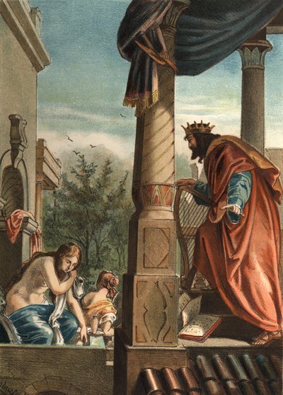 Kung David och Betsabee, hans blivande fru i badet, i "El Culto de la Hermosura" av Juan Justo Huguet, Molinas Hermanos editores av Unknown artist