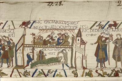 Kung Edward Bekännaren på sin dödsbädd, Bayeuxtapet (ullbroderi på linne) av Unknown artist