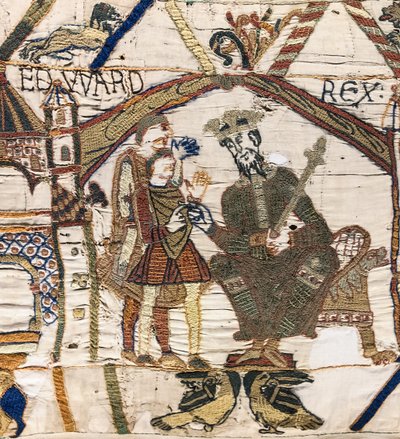 Kung Edward Bekännaren skickar Harold till Normandie, Bayeux Tapestry (ullbroderi på linne) av Unknown artist