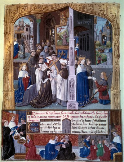 Kung Ludvig IX (1214-1270) (Saint Louis) lät bygga klostret Cordeliere de Longchamp i skogen Rouvray (Boulogne) 1255, scener av kristen välgörenhet av kung Miniature hämtade från ett manuskript "The Book of Facts Monseigneur Saint Louis" "1400-talet av Unknown artist