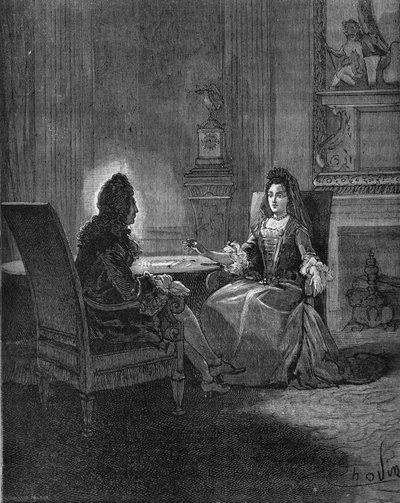 Kung Ludvig XIV (1638-1715) pratar med sin blivande hustru, Madame de Maintenon (Francoise d