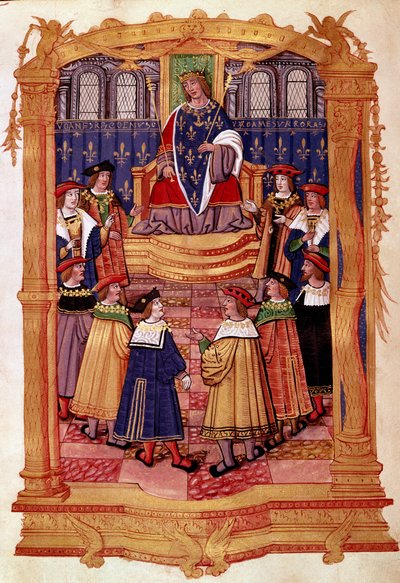 Kung Ludvig XI (1423-1483) och riddarna av Sankt Mikaels orden Miniatyr från manuskriptet "" Statuter för Sankt Mikaels orden"" 1400-talets Milano, Biblioteca Trivulziana av Unknown artist