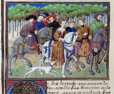 Kung och drottning går på jakt (Philip VI av Valois och Blanche av Navarra (?)) Miniatyr från Le livre de la chasse”” av Gaston III Phoebus, greve av Foix, Lord of Bearn (1331-1391) av Unknown artist