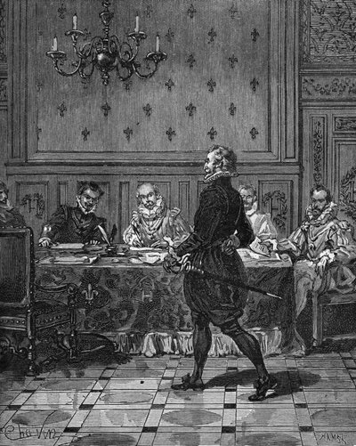 Kung av Frankrike Henrik IV (1553-1610) (stående) vid ett möte med sina ambassadörer. Gravyr av 1800-talet. I "Histoire de France" av Jules Michelet av Unknown artist