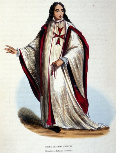 Riddare av St. Stefansorden i ceremoniell klädsel. Militär och religiös ordning skapad av storhertigen av Toscana 1561. Gravyr från 1800-talet. av Unknown artist