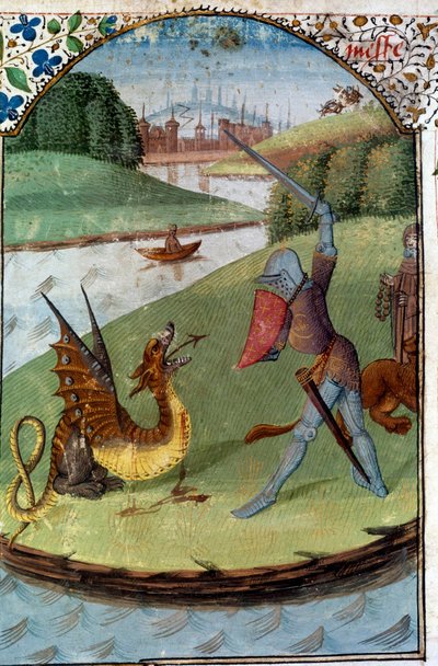 Riddare av det runda bordet: "Lancelot kämpar mot draken"" Manuskriptminiatyr "" Romanen om Lancelot du Lac"" av Unknown artist