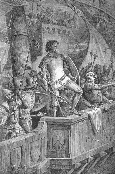 Knut den store (Canut I) (994 eller 995-1035) - Cnut den stores män på Londonbron, under attack av Olaf II av Norge (Olaf II av Norge) - Gravyr i "" Kaiser, Konig une Papst" av Richard Roth av Unknown artist