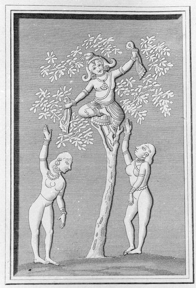 Krishna flyger med två gopis. gravyr i ""Ancient and Modern Monuments of Hindustan"" av L.M. Langles, Paris 1821. av Unknown artist