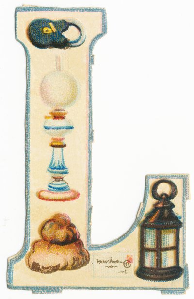 L: lås, lampa, massor av, bokstav, lykta (färg litho) av Unknown artist