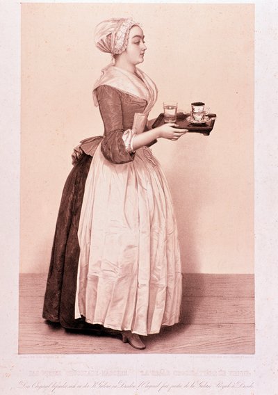 La Chocolatiere de Vienne: ung piga som håller en bricka med en kopp varm choklad. Litografi av privatsamlingen från 1800-talet av Unknown artist