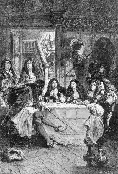 La Fontaine, Boileau, Molière och Racine äter på kabarén - i "Histoire de France sedan de mest avlägsna tiderna fram till 1789" av M. Guizot av Unknown artist