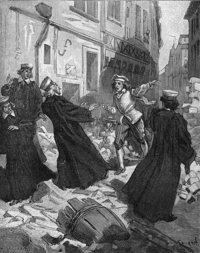 La Fronde (27 augusti 1648) - barrikader i Paris: en rotorpojke som hotar parlamentets president Mathieu Molé (1584-1656). Gravyr av 1800-talet. I "Histoire de France" av Jules Michelet av Unknown artist