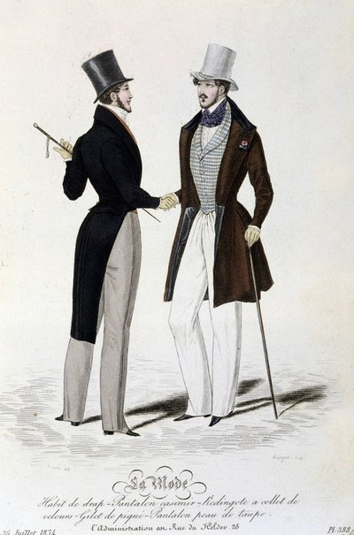 La Mode du 26 juillet 1834: (maskulint mode) lakankostym - byxor casimir - Redingote med sammetskrage - väst av piké - byxor i brunt skinn och hög hatt. av Unknown artist
