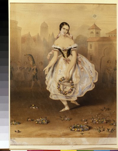 Den italienska ballerinan Fanny (Francesca) Cerrito (1817-1909) (balettdansösen Fanny Cerrito). Anonym litografi, sent 1830. 1800-talets nyklassicism. Statens museum för teater och musikkonst, Sankt Petersburg. av Unknown artist