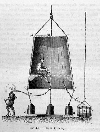 La bell de plongee av Edmond (Edmund) Halley (1656-1742) - i "" The wonders of science", av Louis Figuier av Unknown artist