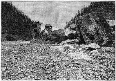 La catastrophe de Saint-Gervais (Saint Gervais) eller catastrophe du glacier de la Tete Rousse (departementet Haute-Savoie) (12-13 juli 1892) - Bains de Saint-Gervais efter katastrofen med de enorma blocken som transporterades av strömmen, Gravyr i "" La N av Unknown artist